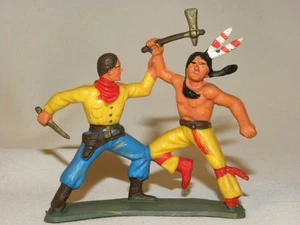 VINTAGE SPIELZEUG ALTE FIGUR STARLUX KUNSTSTOFF COWBOY UND INDIANER IM SCHNAPPE - Bild 1 von 12