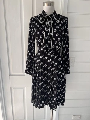 MODCLOTH Black White Patterned Long Sleeve Pleated Tie Neck Dress - Small - Image 1 of 4