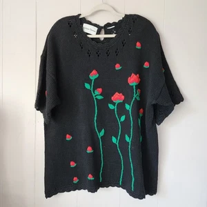 Vintage 90s Cottagecore Stephanie Thomas Chunky Knit Sweater Scalloped Roses M/L - Bild 1 von 12