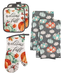 5pc KITCHEN SET:2POT HOLDERS,1OVEN MITT&2TOWELS,HARVEST PUMPKINS,WELCOME FALL,MB - Picture 1 of 13