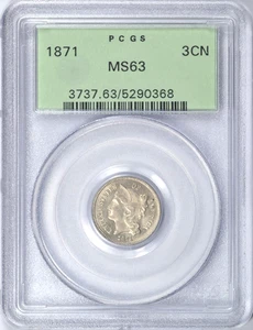 1871 THREE CENT NICKEL PCGS MS63 OGH NICE COIN - Picture 1 of 3