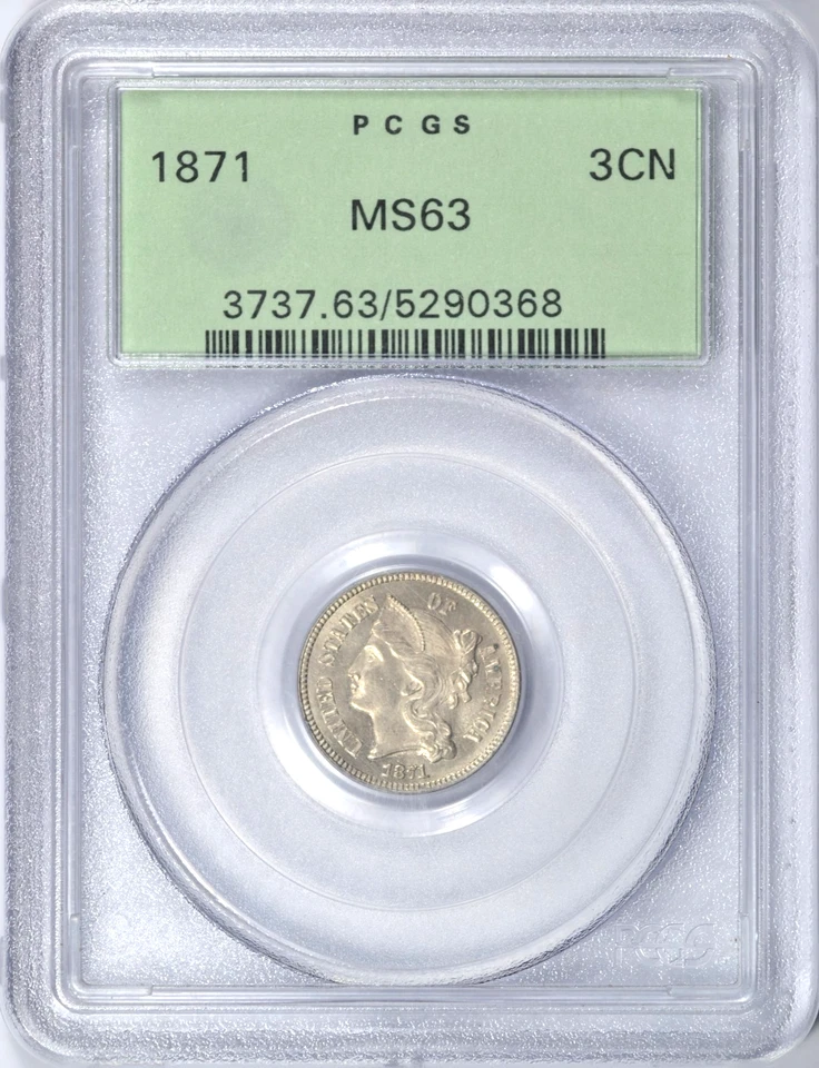 1871 THREE CENT NICKEL PCGS MS63 OGH NICE COIN - Image 1 of 3