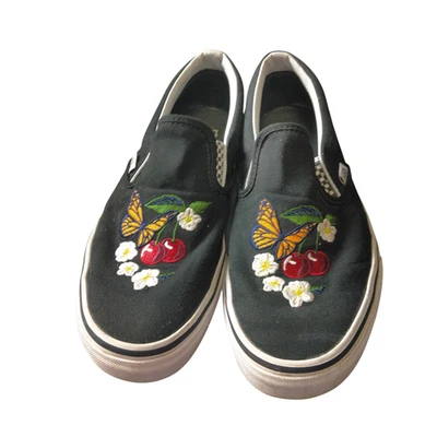 Vans Women's 8.5 Embroidered Butterfly Cherry Black Floral Slip On Sneakers Shoe - Image 1 of 4