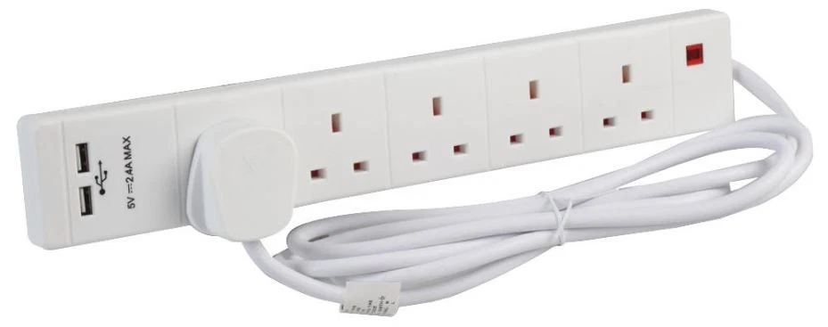 PRO ELEC - Kabel Sambungan 5 Lubang dengan Soket USB, 2m Putih - Image 1 of 1