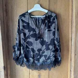 Punt Roma Black White Floral Plaid Blouse Lace Trim Tassel Tie UK 12 EU 42 - Picture 1 of 12