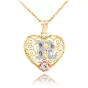 10k Solid Gold Initial Letter R Heart Filigree CZ Pendant Necklace - Picture 1 of 9