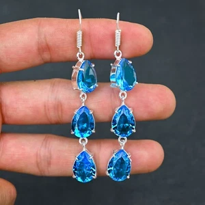 Swiss Blue Topaz Gemstone 925 Sterling Silver Handmade Jewelry Earring Gift - Picture 1 of 6