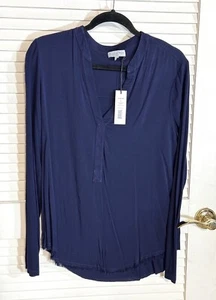 Michael Stars Blue Blouse Mixed Media Henley Large Women Fringe Hem NWT - Picture 1 of 11