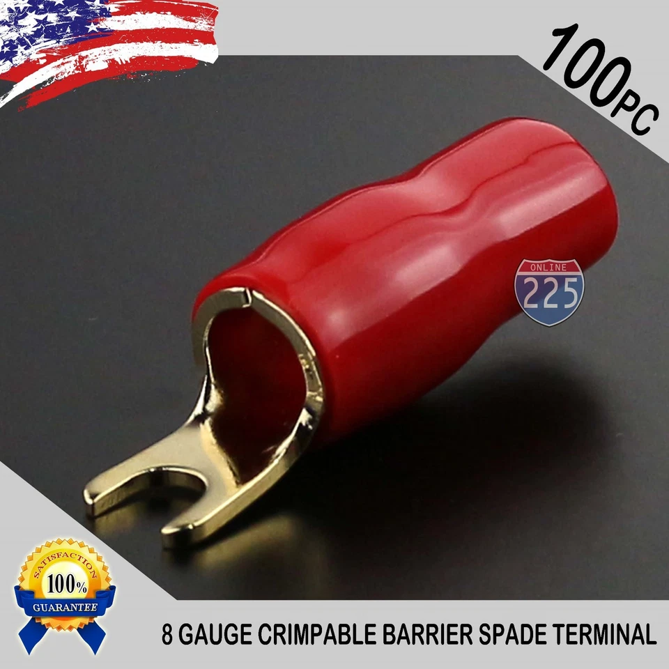 HORQUILLA DE PALA CHAPADA EN ORO TERMINAL CALIBRE 8 ROJO 100 PIEZAS CONECTOR AISLADO CRIMPADO EE. UU. Foto 1 de 1