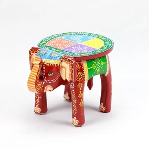 Colorful Wooden Elephant Shape Stool Hand Painted Design Boho Decorative - Picture 1 of 5