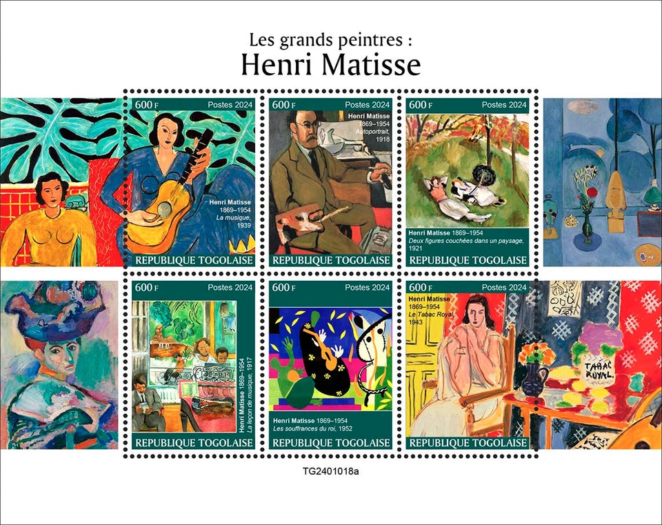 Great Painters Henri Matisse Paintings Art MNH Stamps 2024 Togo M/S - Image 1 of 1