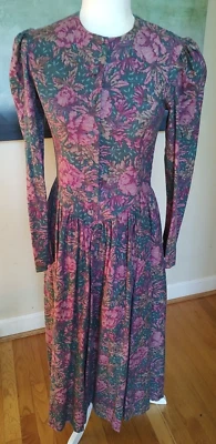 Винтажный Laura Ashley размер США 8 цветочный баскский талии кнопка чай платье сделано в Великобритании - Изображение 1 из 4