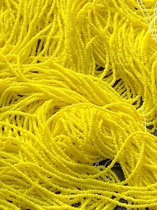 Antique Vintage Micro Seed Beads-14/0 Opaque Bright Intense Lemon Yellow Hanks - Picture 1 of 6