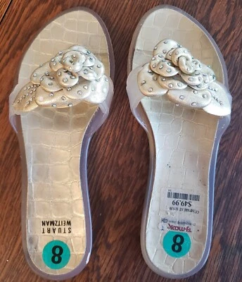 Sandalias para mujer Stuart Weitzman doradas con diamantes de imitación flor gelatina talla 8 Foto 1 de 4