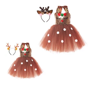 Kids Girls Christmas Outfit Reindeer Costume Sequins Tutu Dress with Hair Hoop - Picture 1 of 25
