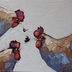 ROOSTERS OIL PAINTING VIVEK MANDALIA IMPRESSIONISM 12X12 ORIGINAL COLLECTIBLE - Picture 1 of 4