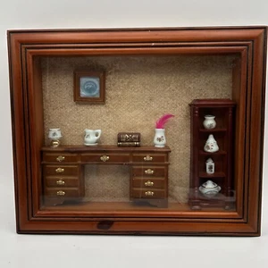 FRAMED WOODEN MINIATURE DOLL HOUSE FURNITURE SHADOW BOX DEORAMA CERAMICS 10”x12” - Picture 1 of 14