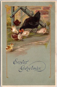 Postal vintage de saludos de Pascua pollo con pollos publicada en la espalda indivisa - Imagen 1 de 2