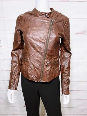 New Look Womens Faux Leather Jacket Sz 10 UK (US M) Brown Front Zip Long Sleeve - Image 1 of 4