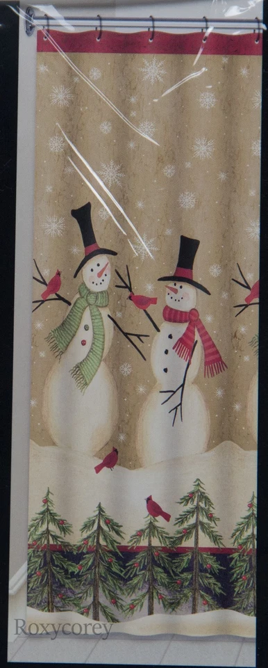 Avanti Tall Snowmen Pine Trees Fabric 72x72 Shower Curtain 12 Hooks & Bath Rug