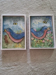 Blue Bird Folk Art Diptych Painting By Cindy Smith 4" x 6" - Picture 1 of 5