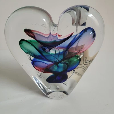 Peso de papel coração de vidro Marian Pyrcak Poland Studio azul verde descrição assinada! - Imagem 1 de 4