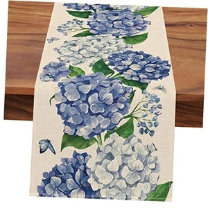 Frühling Hortensie Blumen Blumen Tischläufer, blau Schmetterling Küche Esszimmer - Bild 1 von 7