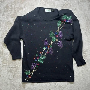 Colleen's Collectables Sweater Womens Large Black Sequin Beaded Floral Ramie - Picture 1 of 9