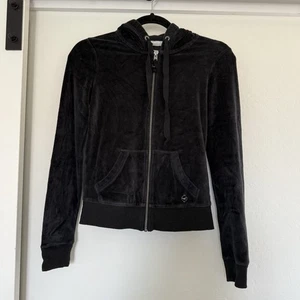 Y2K Vintage Hollister Velour Zip Up Hoodie Jacket XS Black Soft Casual Lounge - Picture 1 of 4