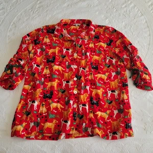John Mark Women's Top Red Dog Print Button Front 3/4 Sleeve Size XL Wire Collar - Picture 1 of 12