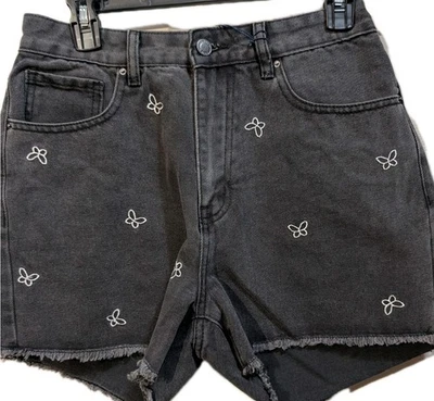 Pantalones Cortos Vaqueros Caqui + Azul Talla 11/30 Negro Bordado Mariposa Tiro Alto Foto 1 de 4