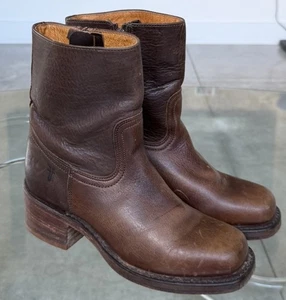 Vtg Frye Campus Short Boots Women 6.5 M Brown Ankle Square Toe Zip Up Western - Picture 1 of 7