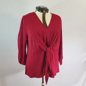 Blusa Bloomchic donna 2X Twist cravatta davanti scollo a V tinta unita bordeaux taglie forti nuova con etichette - Foto 1 di 8