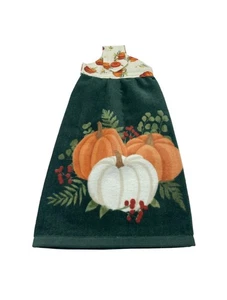 Fall Hanging Dishtowel White Orange Pumpkins Dark Green Towel - Picture 1 of 5