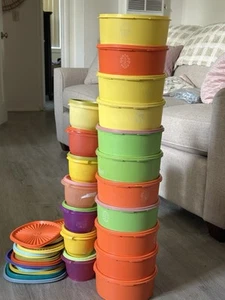 Tupperware 60+ Teile Servier & Verschluss Schüsseln Deckel Ernte Farben Vintage orange SET - Bild 1 von 11