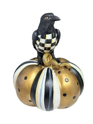 MacKenzie-Childs Halloween Crow on Gold Pumpkin Figurine 13 Courtly Stripe - Image 1 of 4