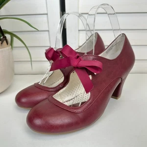 Pinup Couture Wiggle-32 Red Mary Jane Heel Pumps Ribbon Tie Hearts Shoe Size 9 - Picture 1 of 10