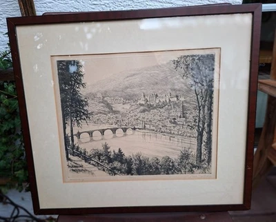 Original alte Radierung Heidelberg * mit Rahmen * Handsigniert * 50 cm x 44 cm - Bild 1 von 4