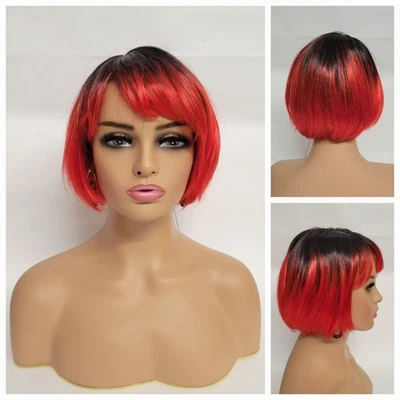 💕 Straight Short Bob bangs Wig Synthetic Ombre Black Red Daily Fashion Anime  - Image 1 of 4