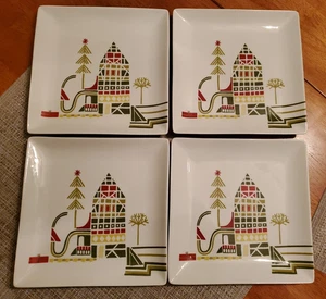 Crate And Barrel Julia Rothman Yule Town Square 4 Pcs Dessert Ceramic Plates 8" - Picture 1 of 6