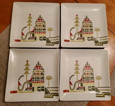 Crate And Barrel Julia Rothman Yule Town Square 4 Pcs Dessert Ceramic Plates 8" - Image 1 of 4