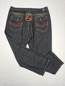 Red Ape Jeans Mens 46 Blue Denim Y2K Embroidered Wings Crown Pants Gold Red - Picture 1 of 16