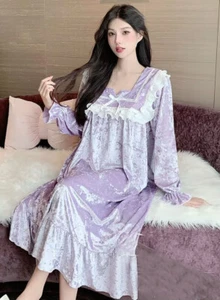Velvet Princess Nightdress Sweer Loose Sleepwear Bathrobe Loose Winter Dress - Picture 1 of 6