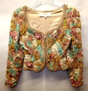 VINTAGE OSCAR DE LA RENTA BESTICKTE PERLEN PAILLETTEN BOLERO JACKE - Bild 1 von 23