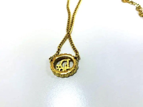 Collana Christian Dior strass oro logotipo motivo tondo ciondolo catenina 43 cm