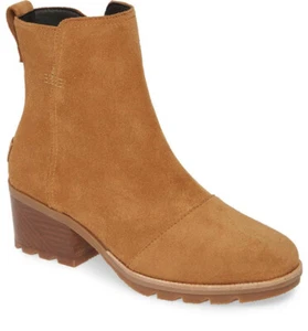 NIB SOREL Cate Waterproof Suede Block Heel Bootie/Side Zip Size 7.5 Camel Brown - Picture 1 of 12