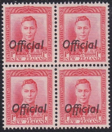 NEW ZEALAND 1938-51 GVI 1d Red OFFICIAL Block of 4 MNH SG cat £120.......B4449a - Image 1 of 1