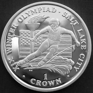 Isle of Man 1 crown Silver Proof 2002 Salt Lake City Olympics Alpine Skier - Picture 1 of 2