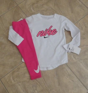NWT 2pc Nike White With Pink Logo Top & Pink Leggings Set sz 4 - Picture 1 of 1