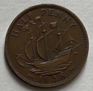 Great Britain 1/2 Half Penny 1938 - Golden Hind Ship - King George VI - Picture 1 of 3